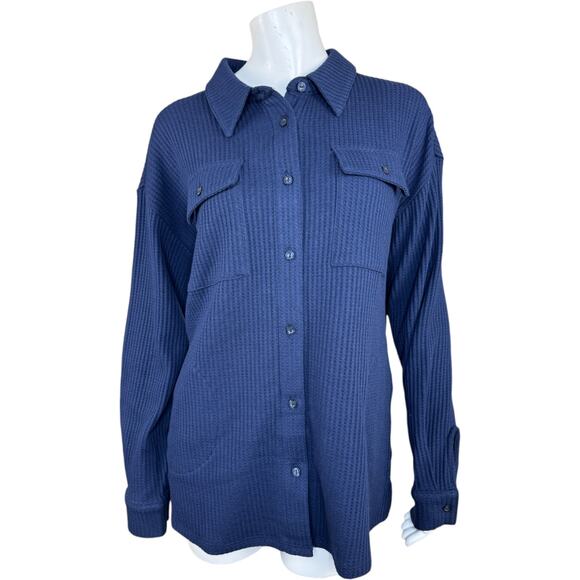Denim & Co. Sherpa Waffle Knit Shirt Jacket Navy Small NWOT Winter Casual Pocket - Picture 1 of 14